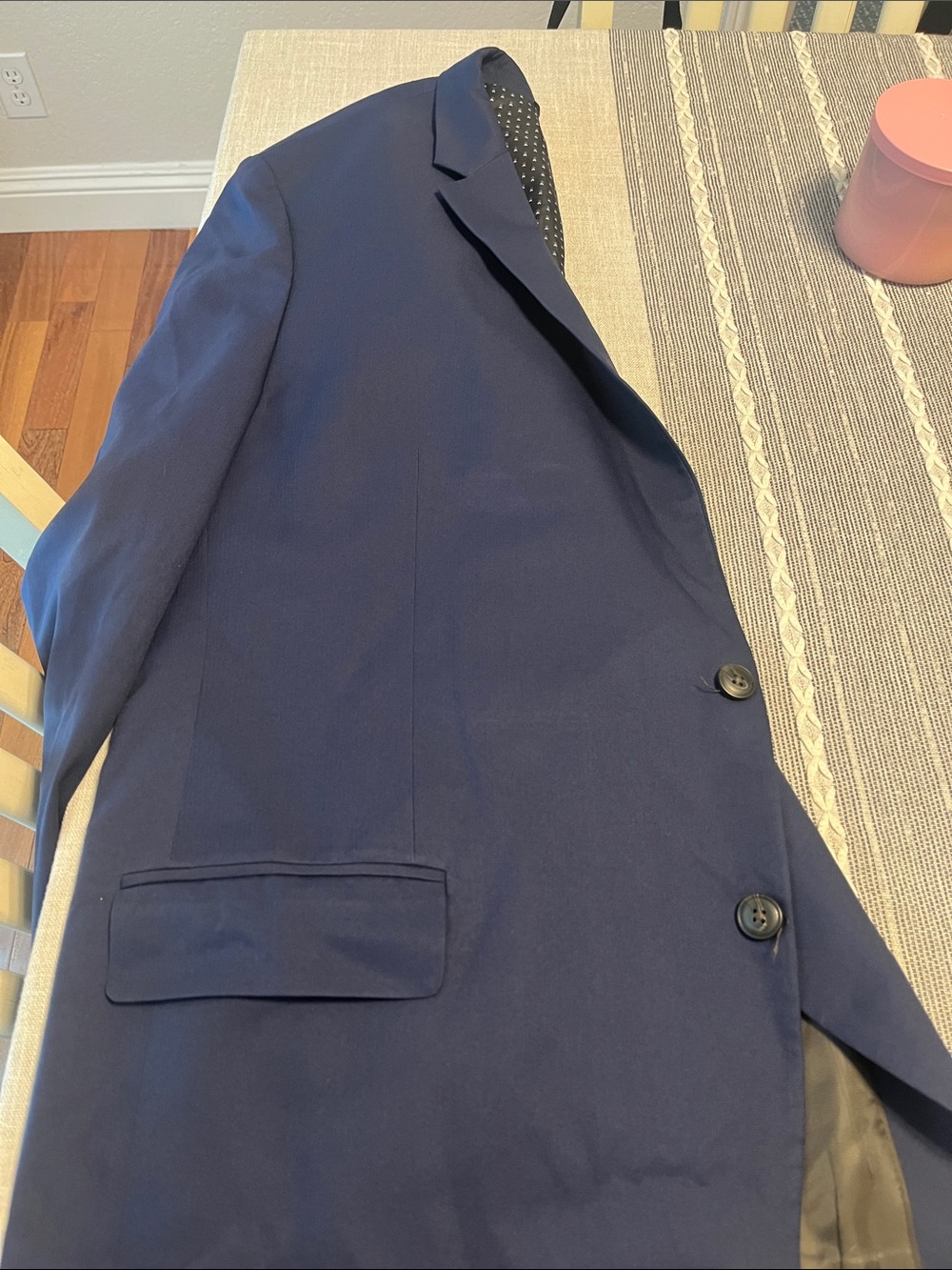 Haggar Navy Blazer with Blue and White Dot Lining spot on front needs cleaning